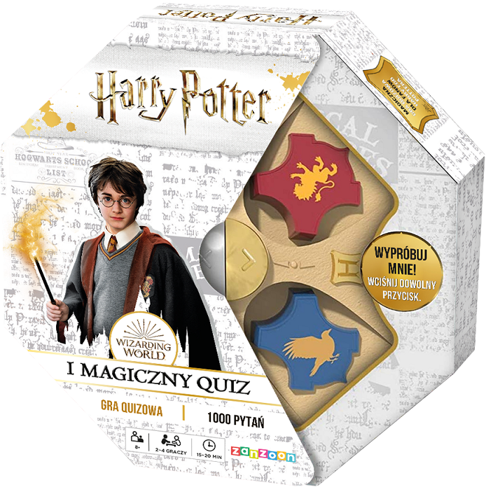 Okładka i pudełko gry planszowej quizowe Harry Potter i magiczny quiz
