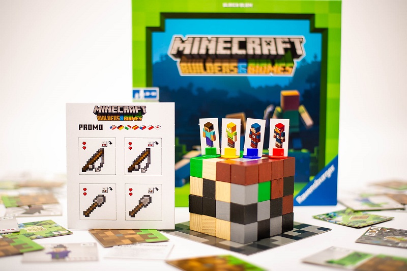 Pionki, żetony i okładka gry planszowej Minecraft