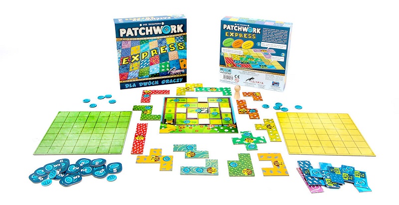 Komponenty i pudełko gry planszowej Patchwork express