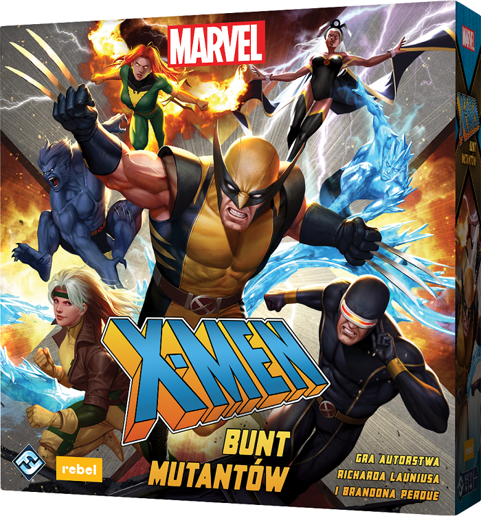 Okładka i pudełko gry planszowej X-Men: Bunt mutantów