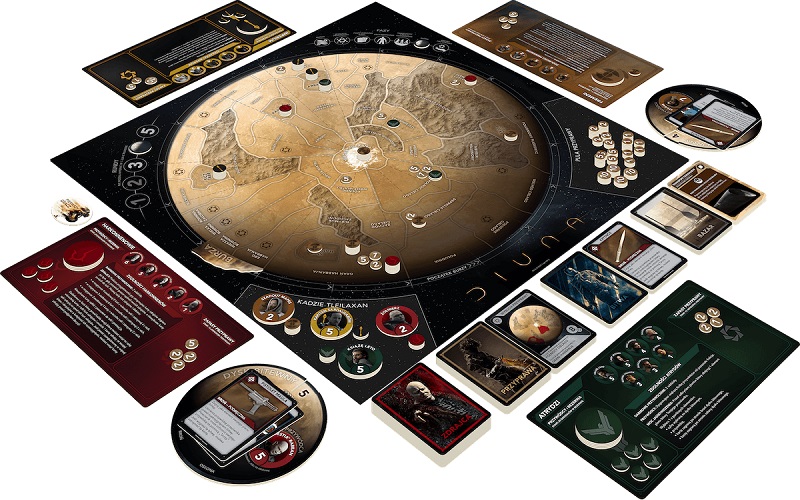 Plansza, karty i planszetki graczy z gry Diuna: Planeta intryg i konfliktów