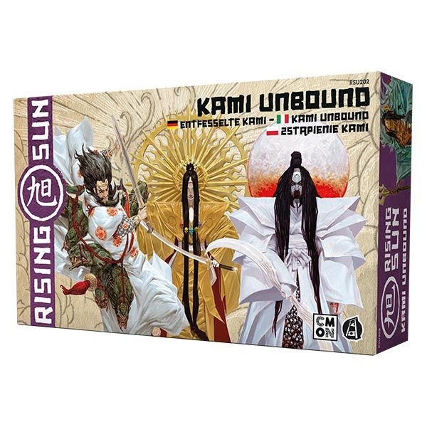 Pudełko i okładka dodatku Zstapienie Kami do gry planszowej Rising Sun